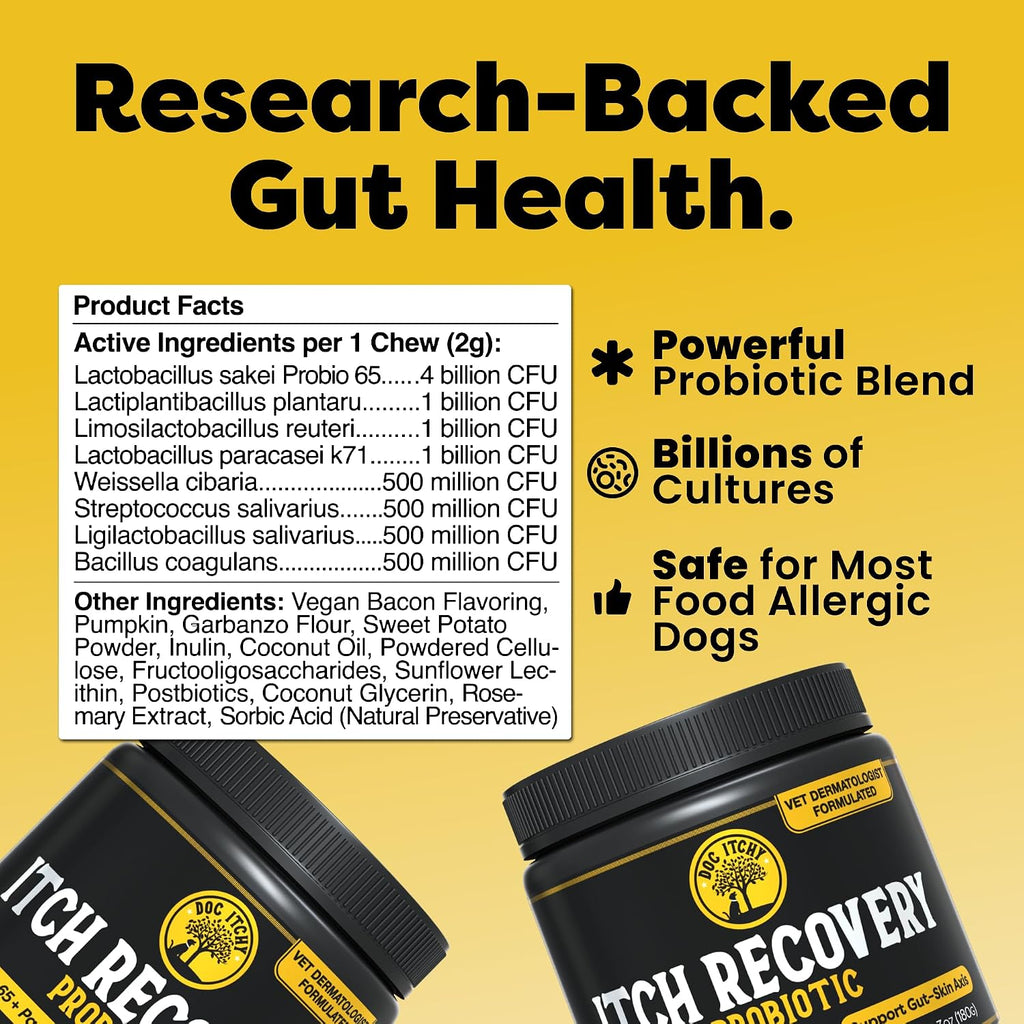 Doc Itchy: Golosinas probióticas Itch Recovery para perros - L. Sakei y L. Paracasei - 90 unidades
