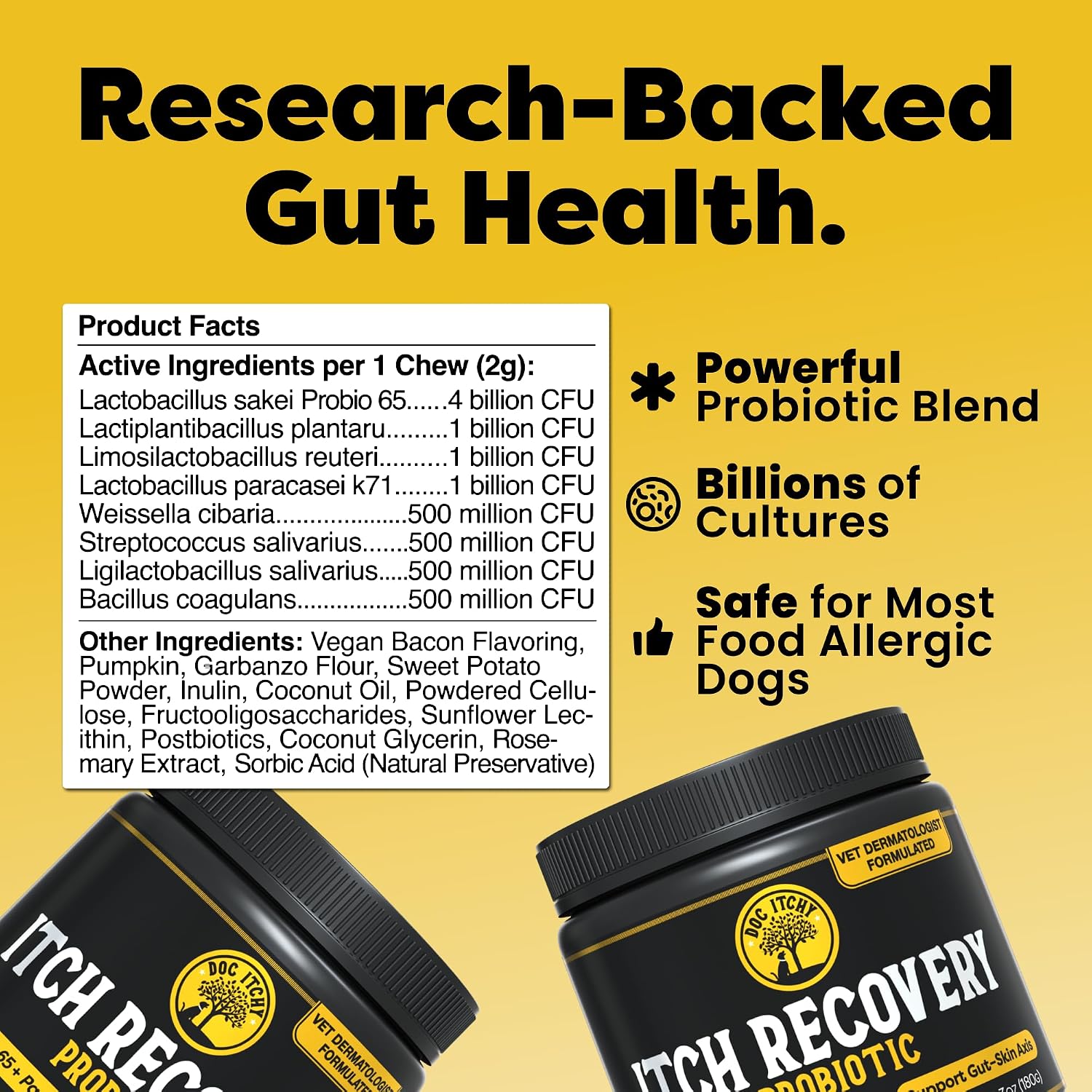 Doc Itchy: Golosinas probióticas Itch Recovery para perros - L. Sakei y L. Paracasei - 90 unidades