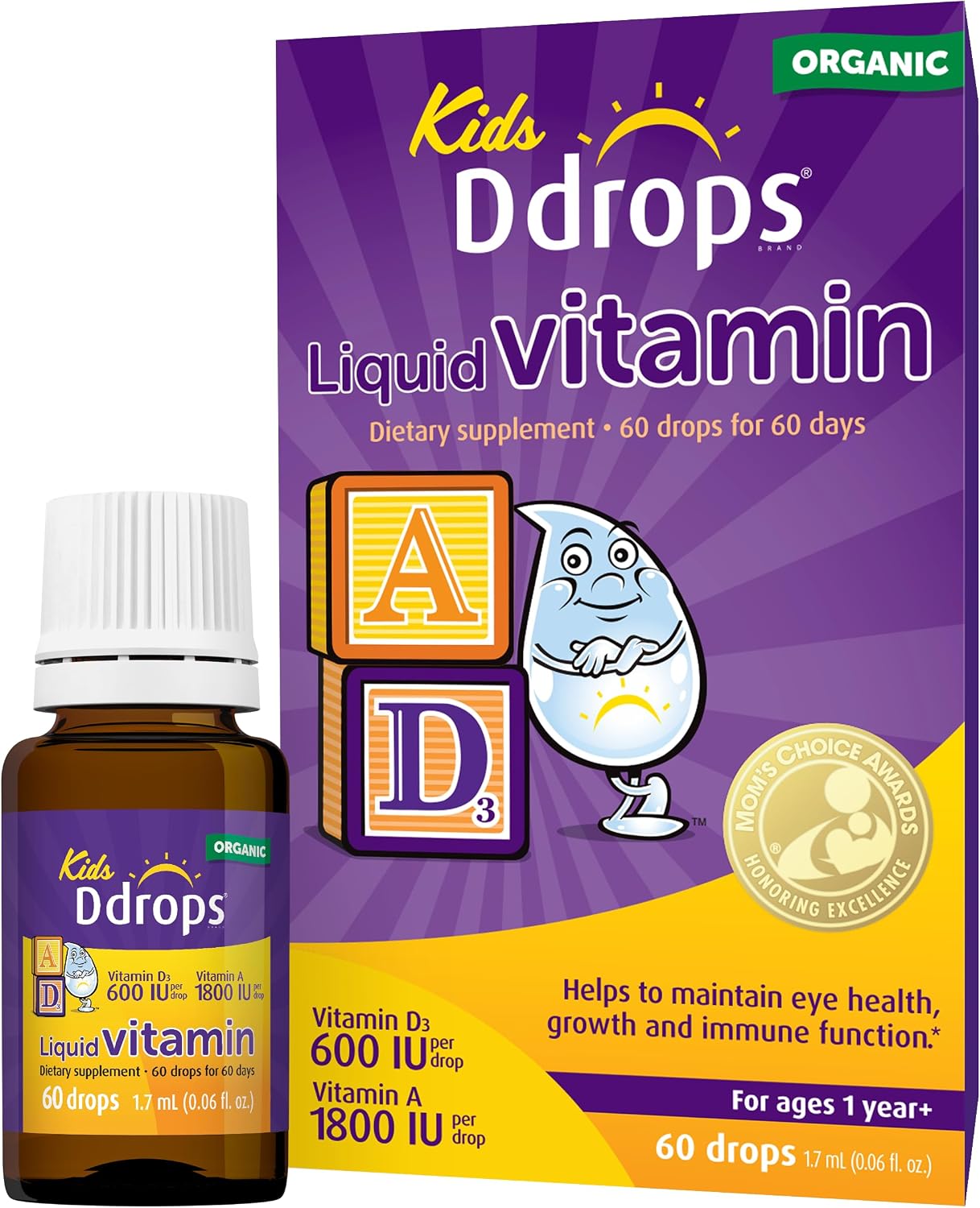 Ddrops® Kids Organic Liquid Vitamins – Gotas Orgánicas de Vitaminas A y D para Niños, 60 Gotas