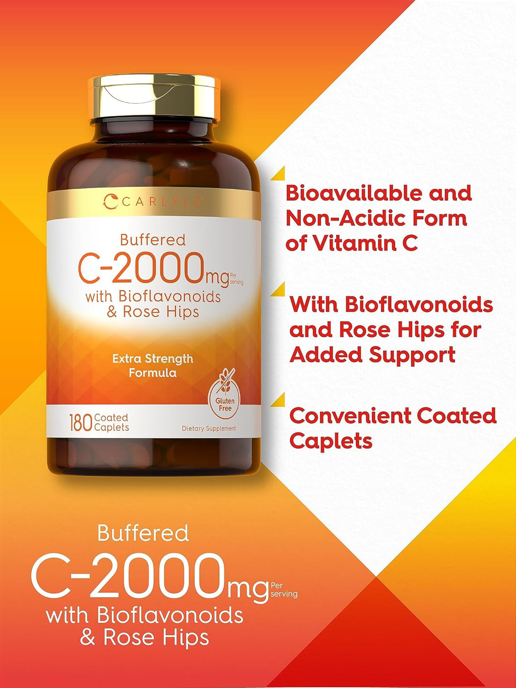 Carlyle Vitamina C Tamponada 2000 mg con Bioflavonoides y Escaramujo – 180 Comprimidos
