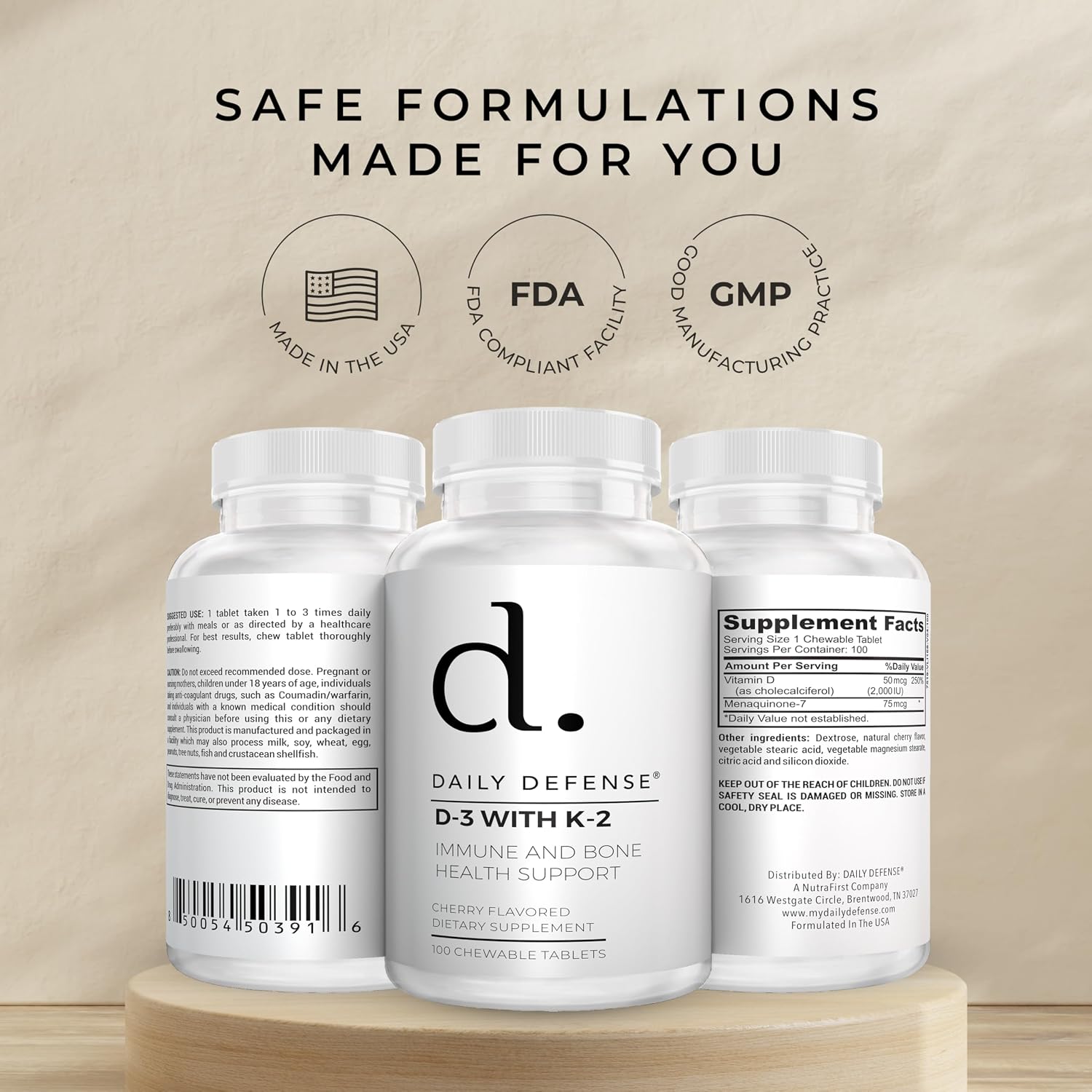 Daily Defense - Vitamina D3 y K2 2000 UI, 100 Comprimidos Masticables