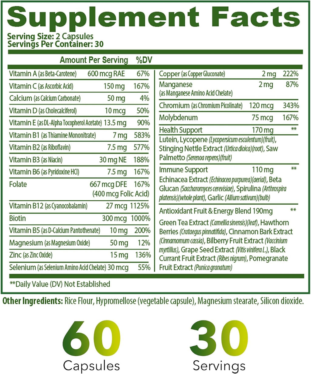 Veetify Multivitamínico Completo 35 en 1 – Vitaminas y Minerales de Alta Potencia con Antioxidantes, Magnesio, Zinc y Fórmula Detox de Té Verde – 60 Cápsulas Veganas