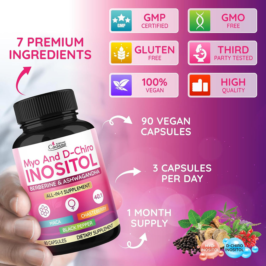 Organic Cadane Myo & D-Chiro Inositol Supplement con Ashwagandha, Maca, Chasteberry, Berberine y Black Pepper | 90 Cápsulas Veganas