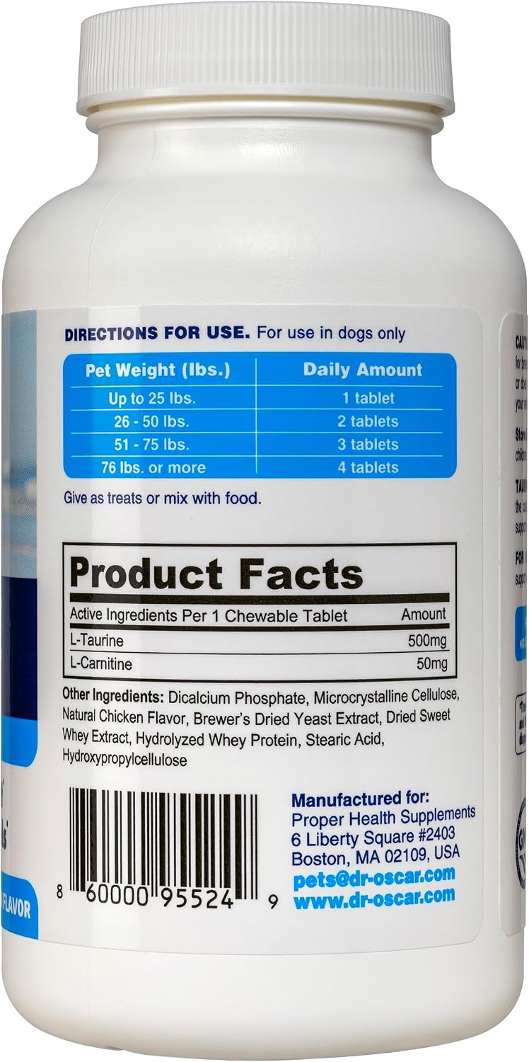 Dr. Oscar Suplemento de Taurina para Perros con L-Carnitina, 120 Comprimidos Masticables, 500mg de Taurina por cada 25lbs de Peso
