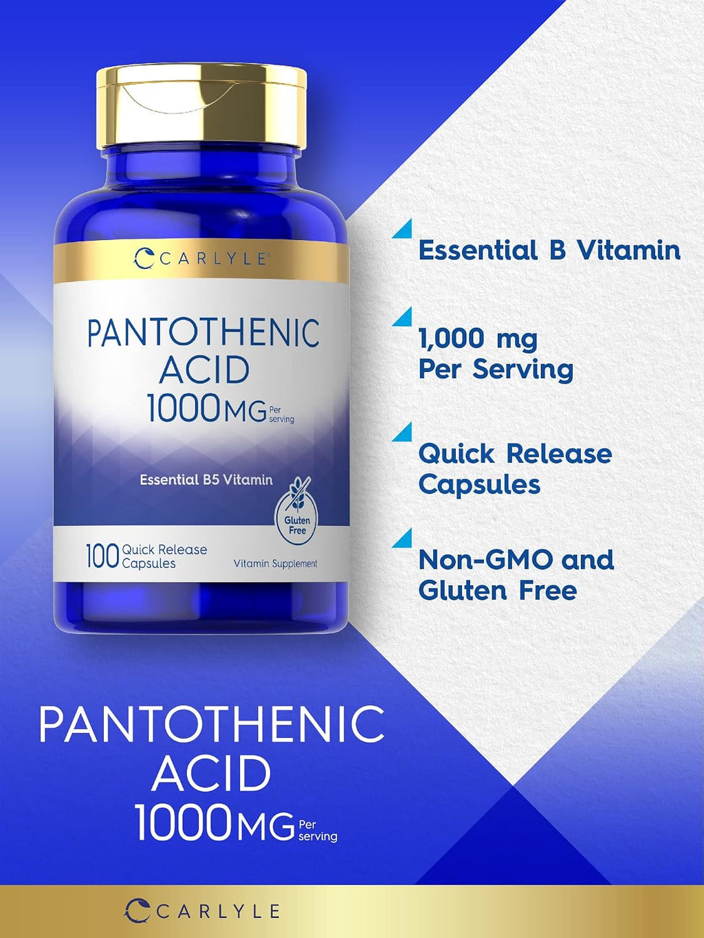 Carlyle Ácido Pantoténico Vitamina B5, 1000 mg, 100 Cápsulas - Sin OGM, Sin Gluten