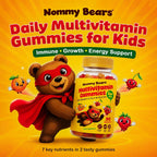 NOMMY BEARS Gomitas Multivitamínicas para Niños - 11 Vitaminas Esenciales, Sin Gelatina, Vegano, Sin Gluten y Sin Lácteos, Sabor Natural, 90 Gomitas (45 Días)