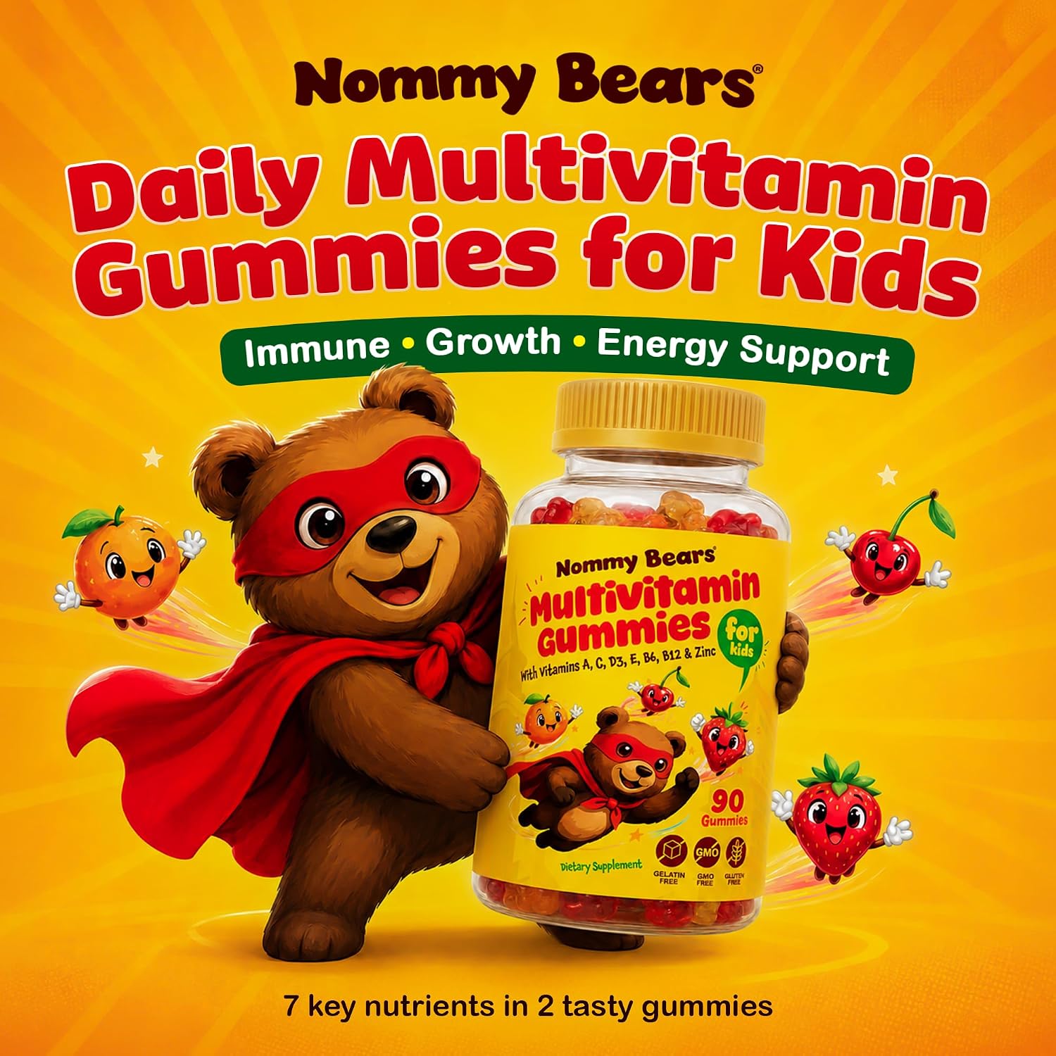 NOMMY BEARS Gomitas Multivitamínicas para Niños - 11 Vitaminas Esenciales, Sin Gelatina, Vegano, Sin Gluten y Sin Lácteos, Sabor Natural, 90 Gomitas (45 Días)