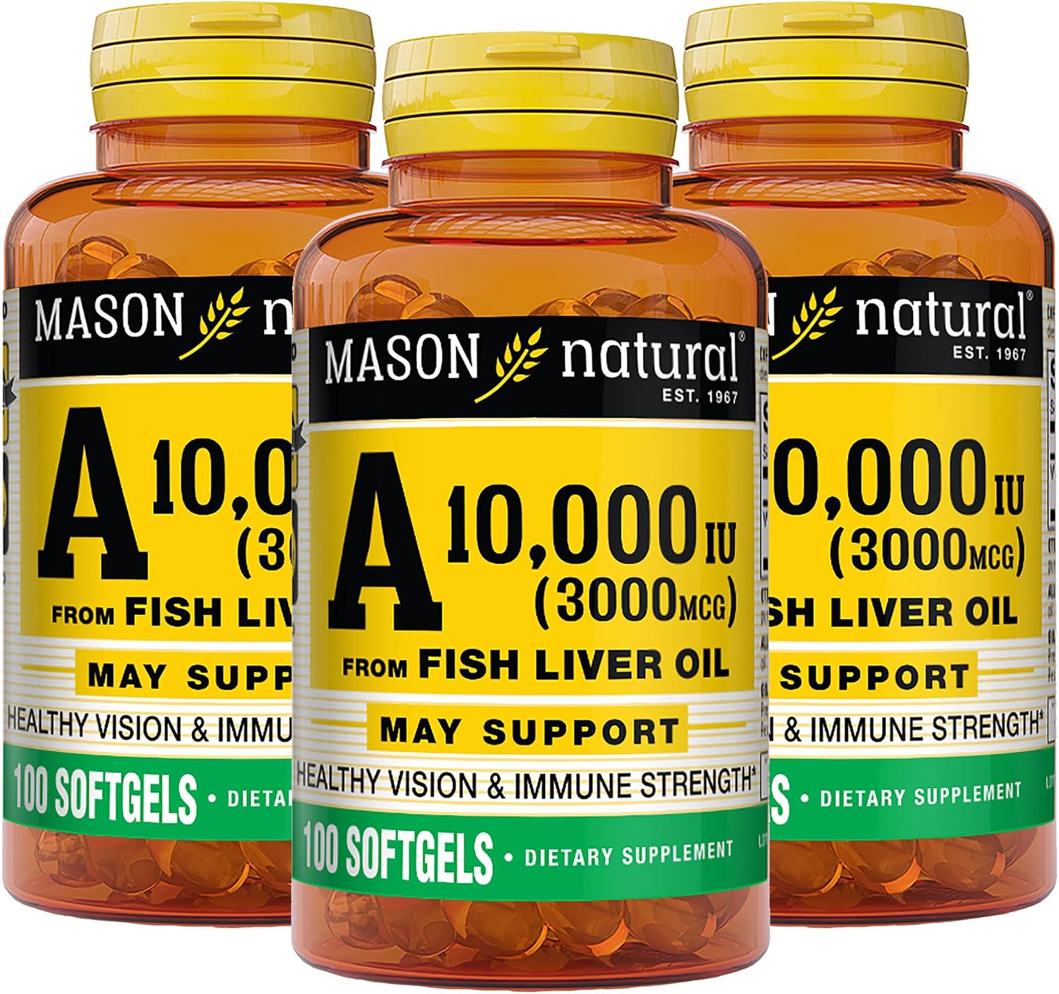 MASON NATURAL Vitamina A 3.000 mcg (10.000 UI) de Aceite de Hígado de Pescado – 100 Cápsulas Blandas (Pack de 3)