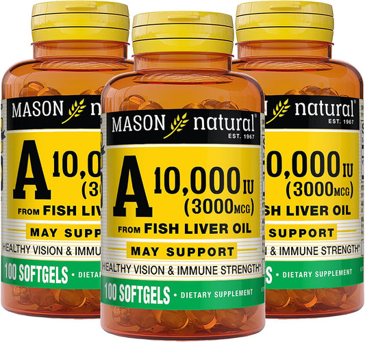 MASON NATURAL Vitamina A 3.000 mcg (10.000 UI) de Aceite de Hígado de Pescado – 100 Cápsulas Blandas (Pack de 3)