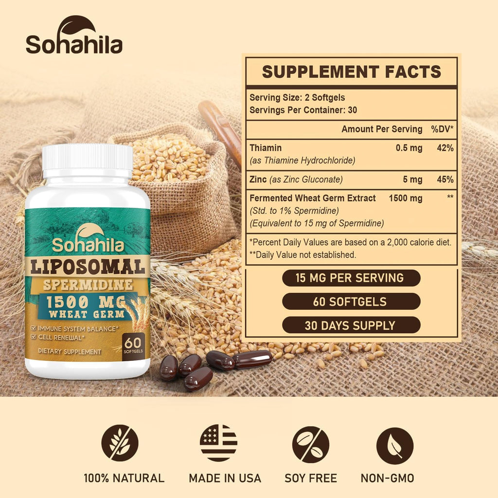 Suplemento de Espermidina 15 mg con Zinc y Tiamina - 60 Cápsulas Blandas - Fórmula Liposomal para Máxima Absorción - Sohahila
