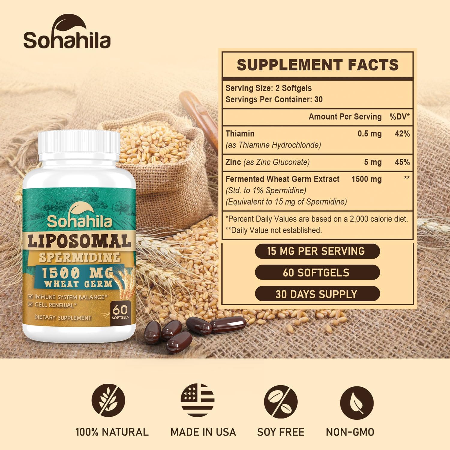 Suplemento de Espermidina 15 mg con Zinc y Tiamina - 60 Cápsulas Blandas - Fórmula Liposomal para Máxima Absorción - Sohahila