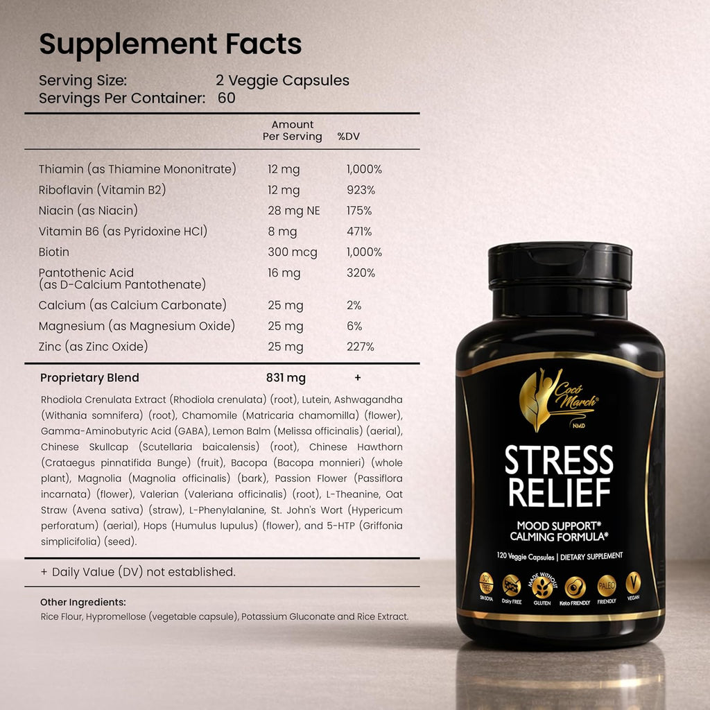 Cocó March N.M.D Stress Relief Support Supplement – Magnesium & B Vitamins Blend with Ashwagandha, Supports Stress Response, Sleep Cycle, Cognitive & Nerve Health – Gluten Free, Vegan – 120 Capsules