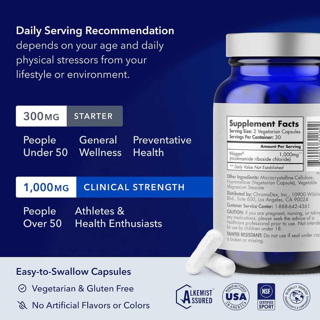 TRU NIAGEN Suplemento de NAD+ Patentado | Nicotinamida Ribósido (NR) | 30 dosis de 1000 mg (2x500 mg)