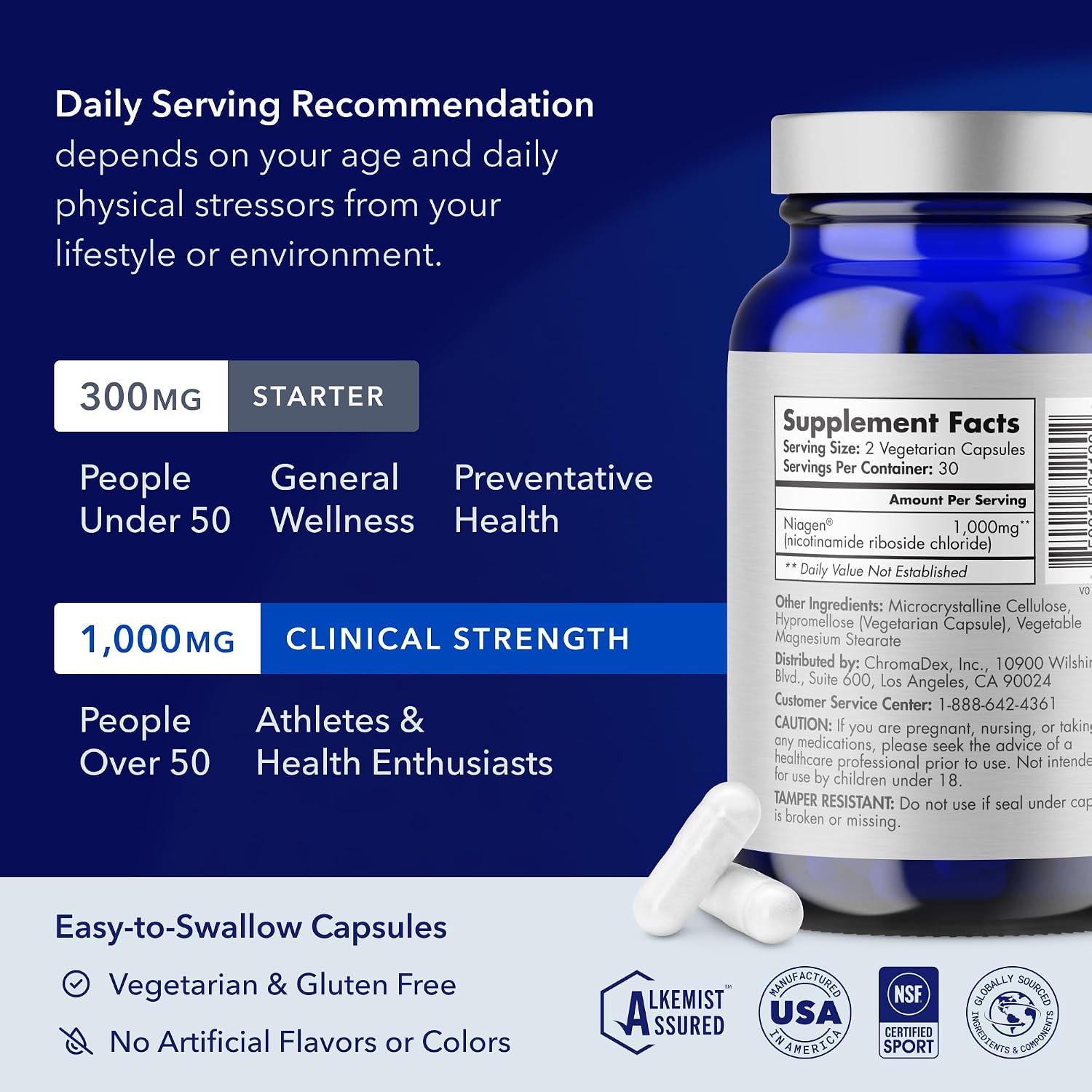 TRU NIAGEN Suplemento de NAD+ Patentado | Nicotinamida Ribósido (NR) | 30 dosis de 1000 mg (2x500 mg)