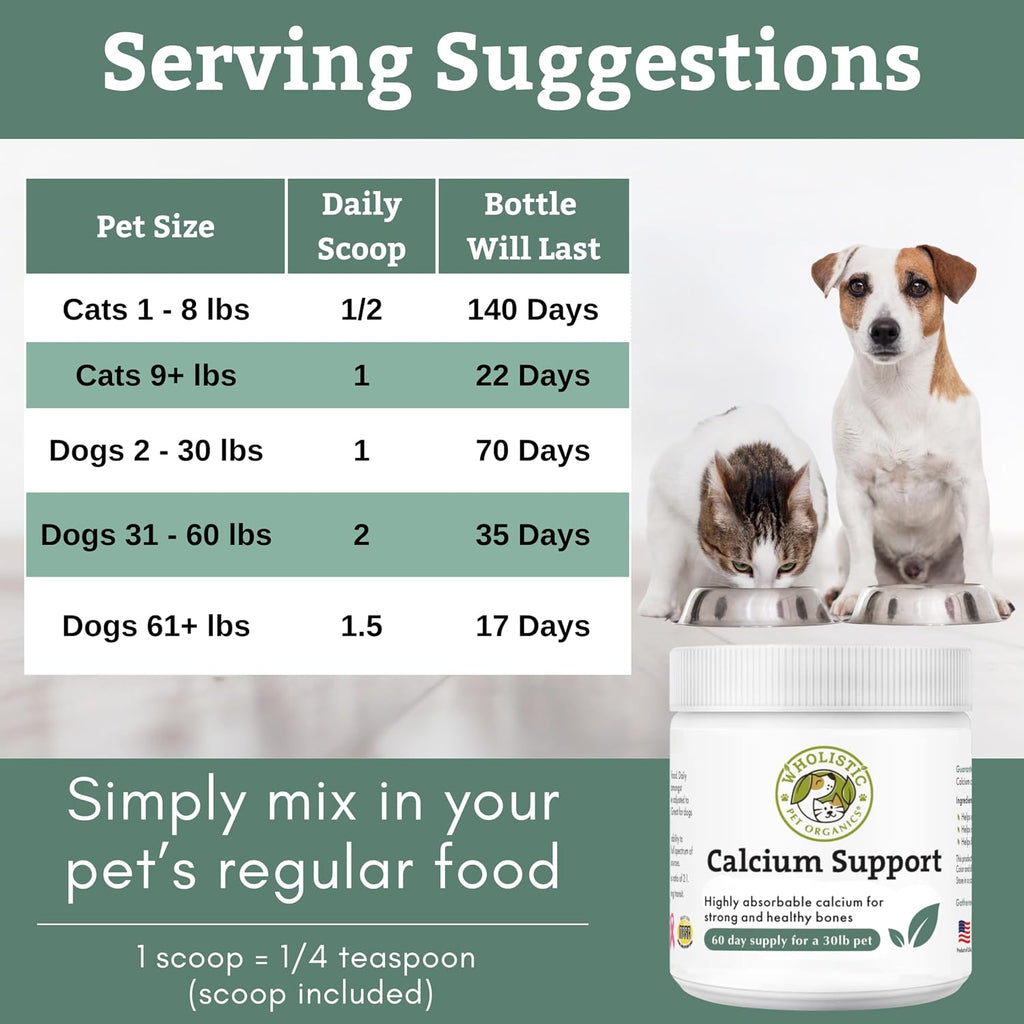 Wholistic Pet Organics Pure Powder Calcium - Calcio en Polvo para Perros y Gatos - 60 Dosis