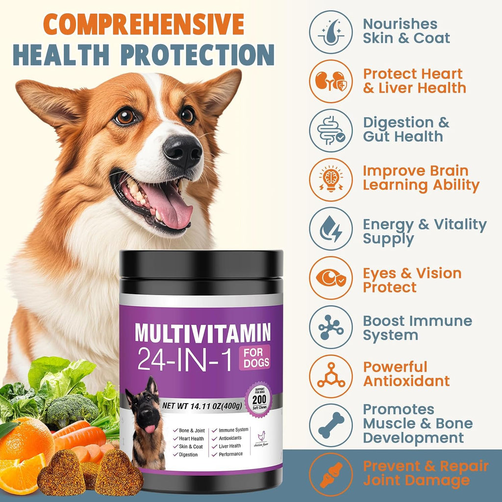 24 en 1 Vitaminas y Suplementos para Perros 200 Comprimidos Masticables con Condroitina, Probióticos, Omega-3, Glucosamina – Sabor Pollo