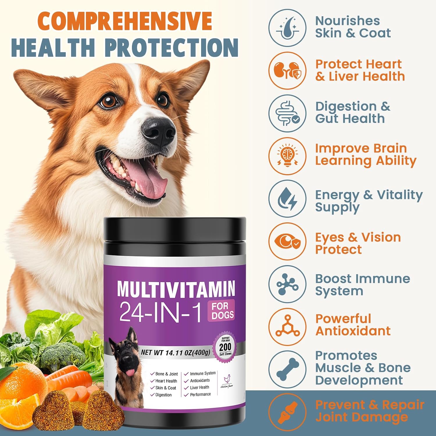 24 en 1 Vitaminas y Suplementos para Perros 200 Comprimidos Masticables con Condroitina, Probióticos, Omega-3, Glucosamina – Sabor Pollo