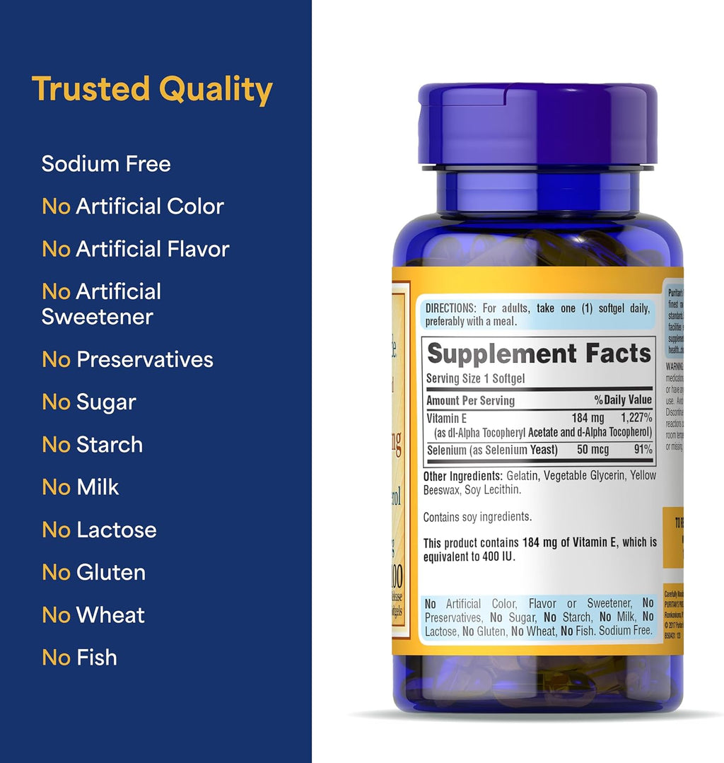 Puritan's Pride Vitamina E 184 mg (400 UI) con Selenio 50 mcg, 100 Cápsulas Blandas de Liberación Rápida