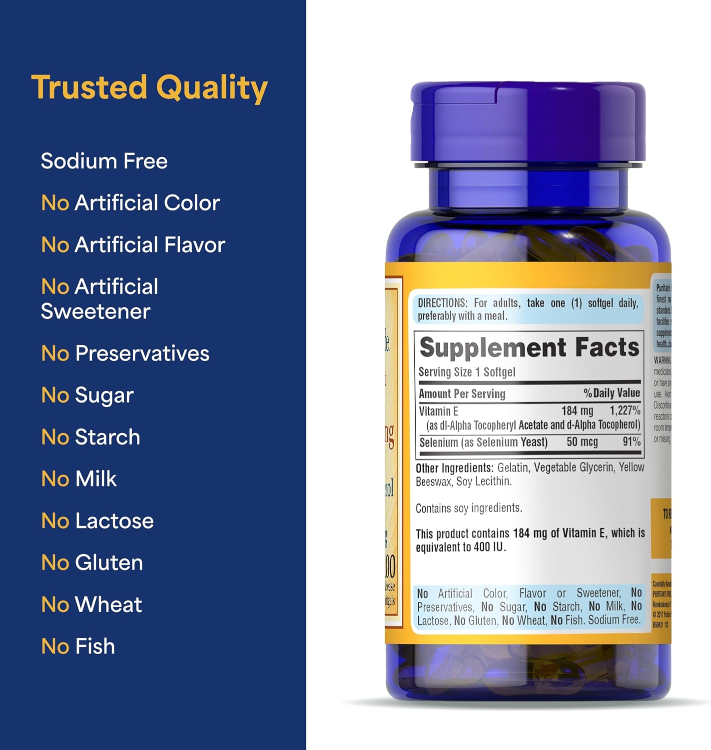 Puritan's Pride Vitamina E 184 mg (400 UI) con Selenio 50 mcg, 100 Cápsulas Blandas de Liberación Rápida