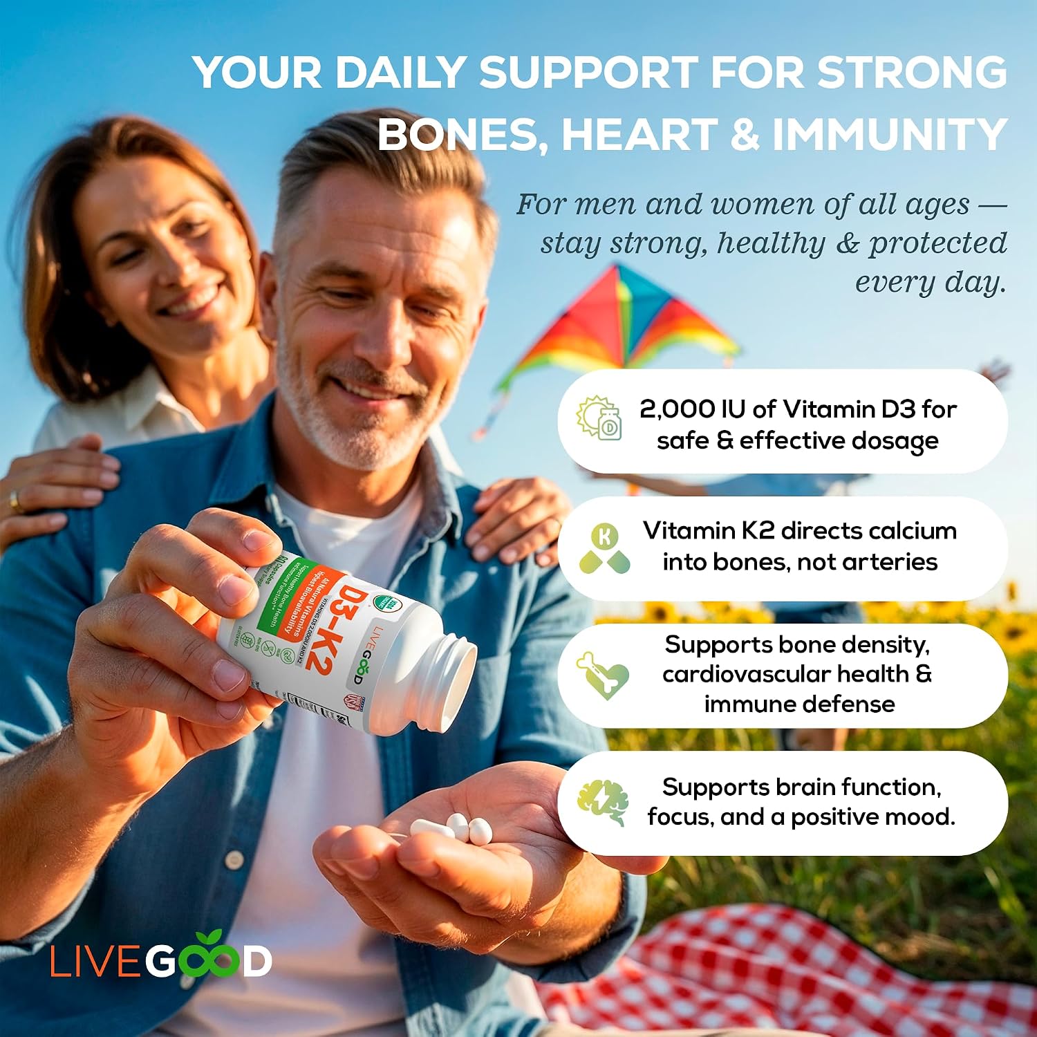LIVEGOOD Vitamina D3 y K2 Orgánica 2000 UI con MK-7 - Cápsulas Veganas (60 uds)