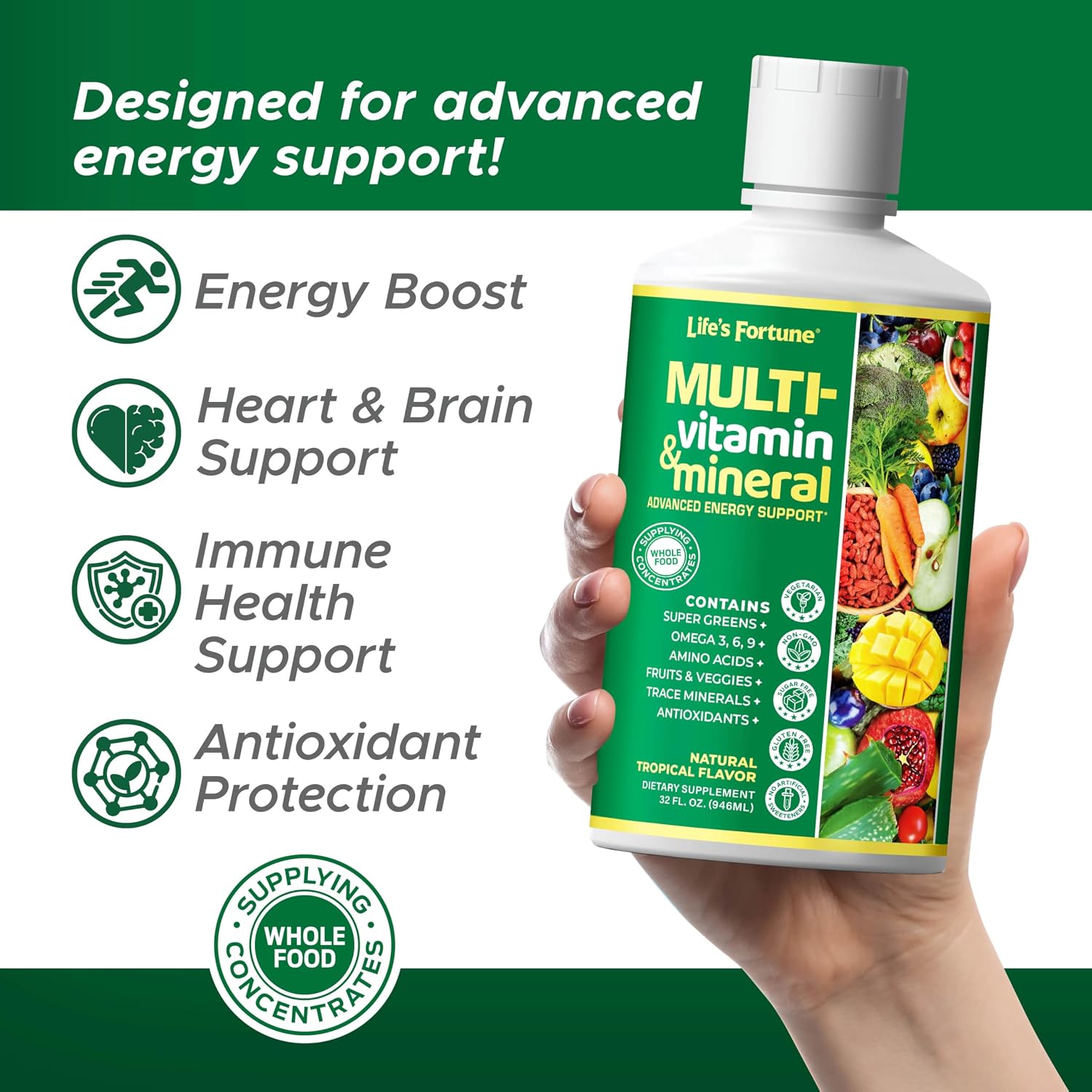 Life's Fortune Multivitamínico Líquido para Adultos y Mayores – 90+ Nutrientes, Sabor Tropical, 946 ml