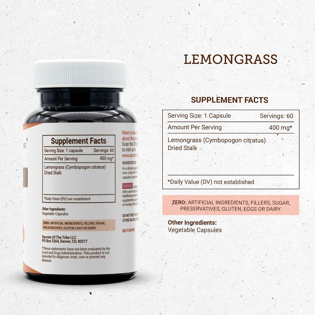 Lemongrass (Cymbopogon citratus) 800 mg, 60 Cápsulas - Secrets of the Tribe