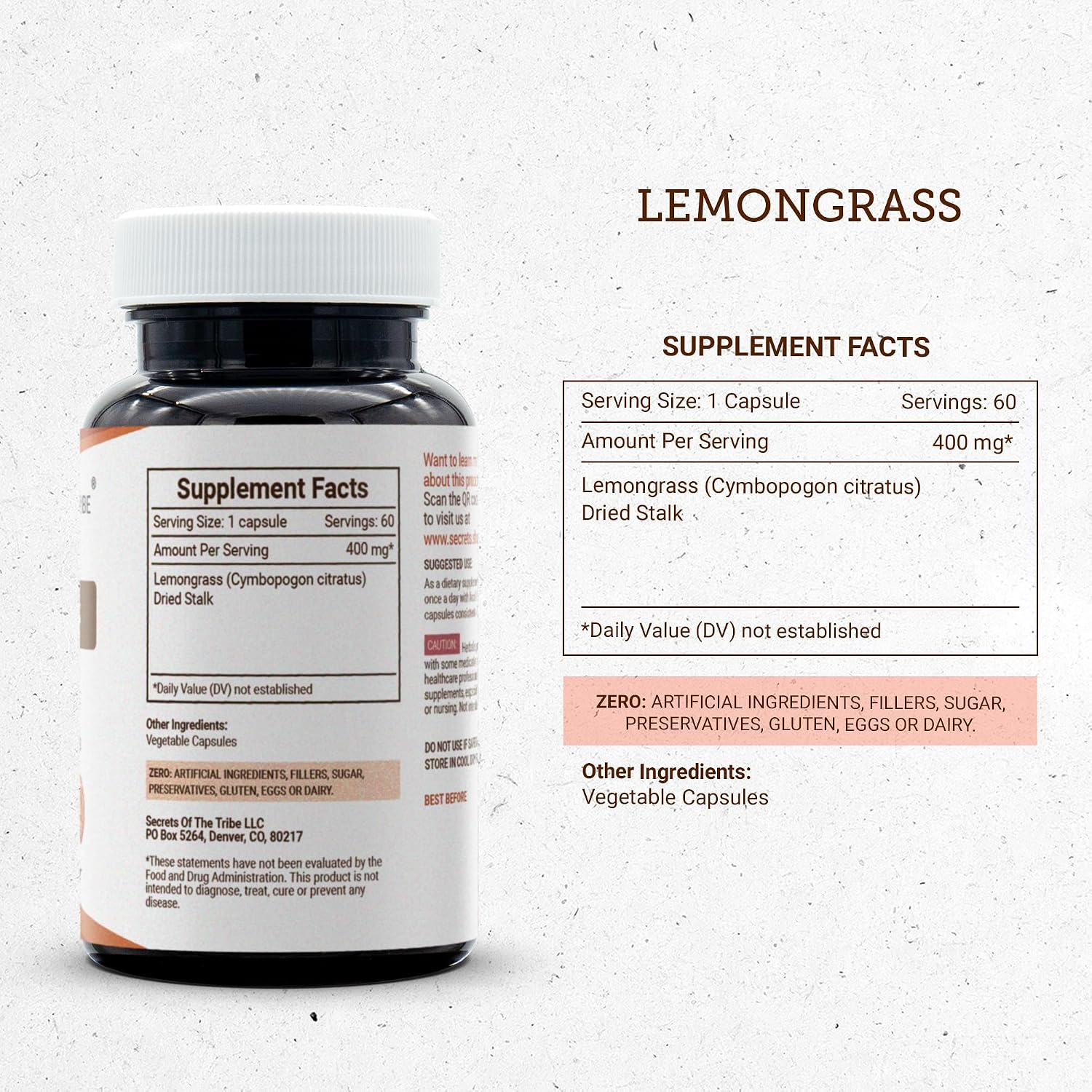 Lemongrass (Cymbopogon citratus) 800 mg, 60 Cápsulas - Secrets of the Tribe