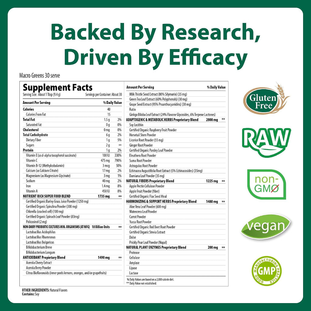 Macro Greens Superfood Powder – 38 Superalimentos con Probióticos, Enzimas y Adaptógenos | 18B UFC | 283 g (30 dosis)