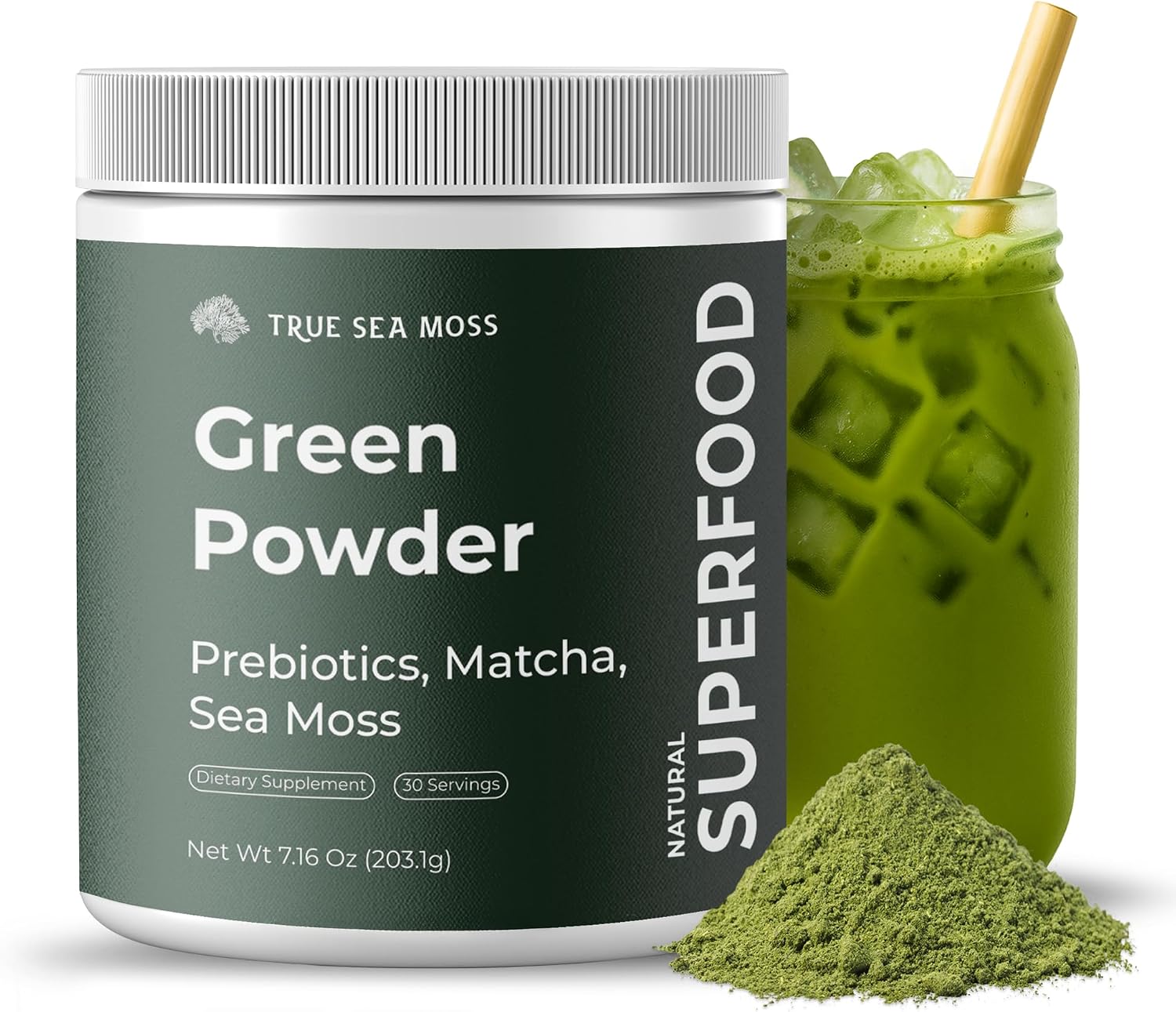 TrueSeaMoss Super Greens Powder con Matcha para la Salud Digestiva e Intestinal – 25 Superalimentos con Probióticos, Prebióticos, Enzimas y Sea Moss – Polvo de Superalimentos Vegano para la Hinchazón y Regularidad - 30 Servicios