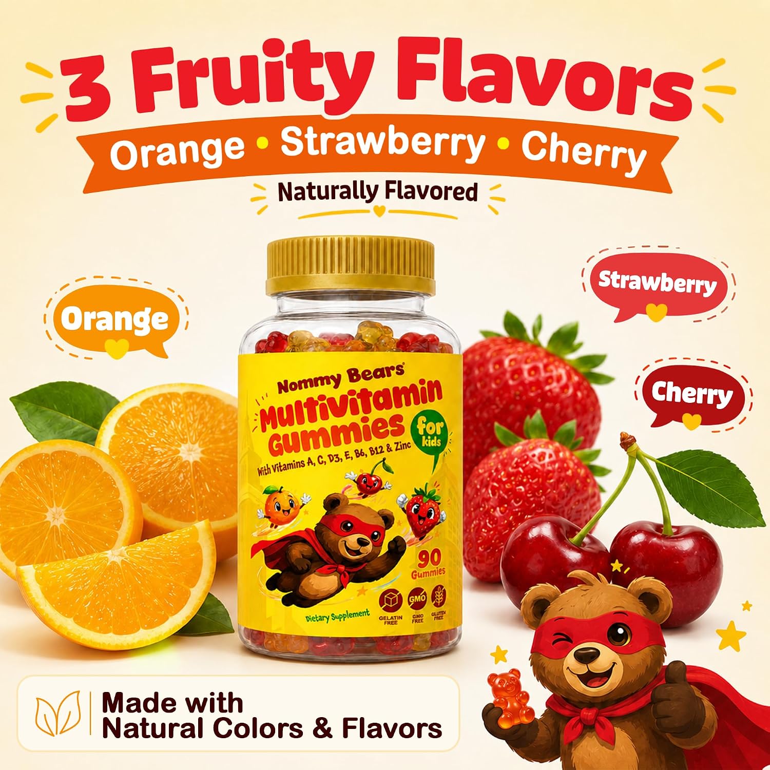 NOMMY BEARS Gomitas Multivitamínicas para Niños - 11 Vitaminas Esenciales, Sin Gelatina, Vegano, Sin Gluten y Sin Lácteos, Sabor Natural, 90 Gomitas (45 Días)