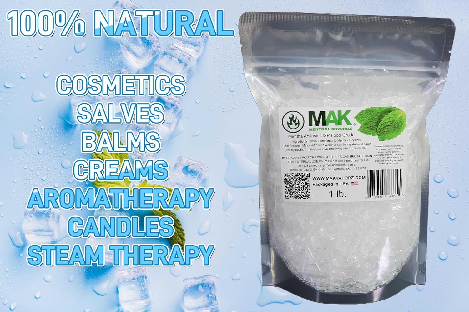 Mak Cristales de Mentol 1 LB (454 g) - Puro Orgánico 100% Natural - Menta Mentha Arvensis