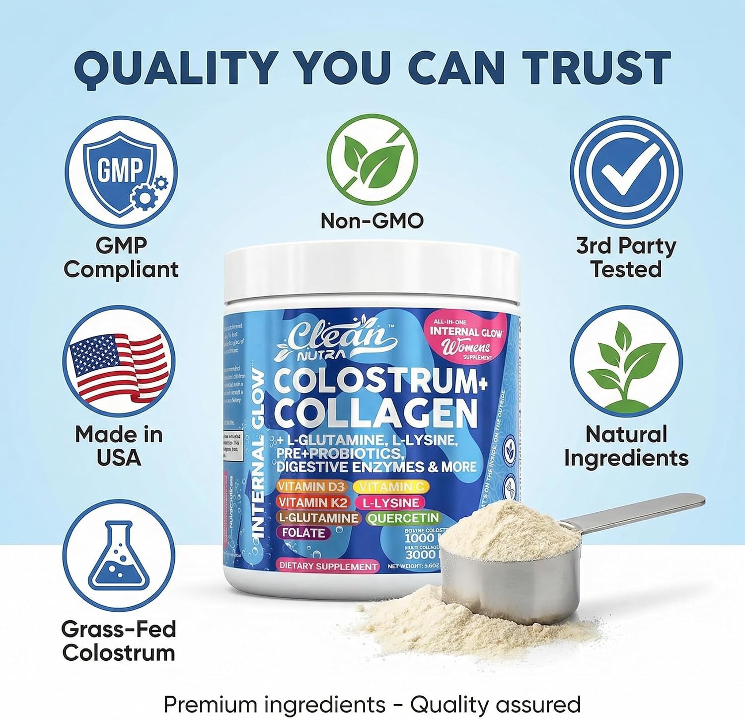 Calostro Bovino en Polvo + Colágeno con L-Glutamina, Vitaminas D, K2, C y Probióticos | Clean Nutra