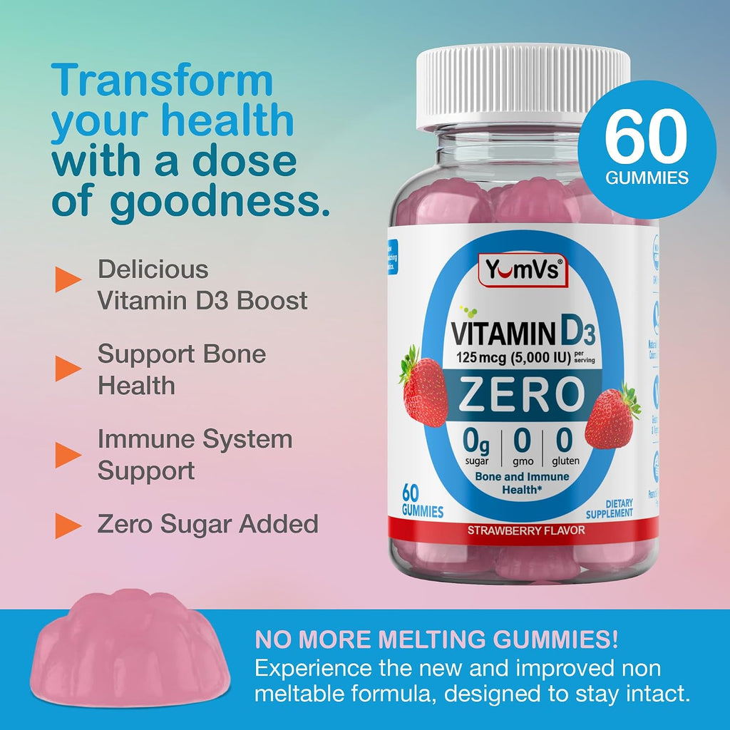 Yum-Vs Gominolas de Vitamina D3 Sin Azúcar - 125 mcg (5000 UI) - 60 Gominolas Vegetarianas
