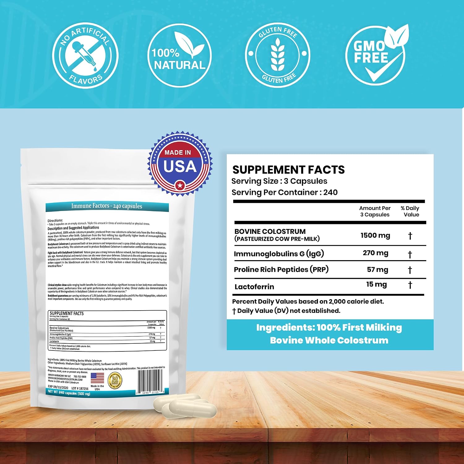 BodyBoost Bovine Colostrum Capsules (240) - Supplement with Immunoglobulins and Lactoferrin, Grass-Fed, Non-GMO
