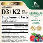 Nature's Nutrition Vitamina D3 K2 5000 UI + 100 mcg K2 MK-7, 120 Comprimidos Masticables Sabor Baya