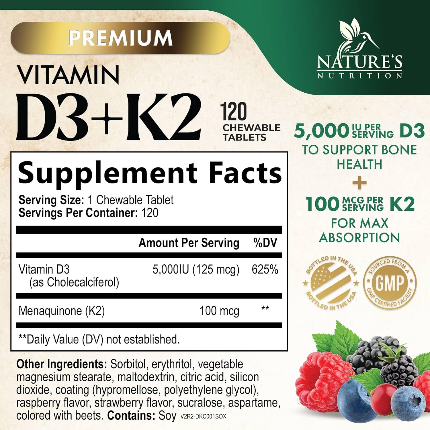 Nature's Nutrition Vitamina D3 K2 5000 UI + 100 mcg K2 MK-7, 120 Comprimidos Masticables Sabor Baya