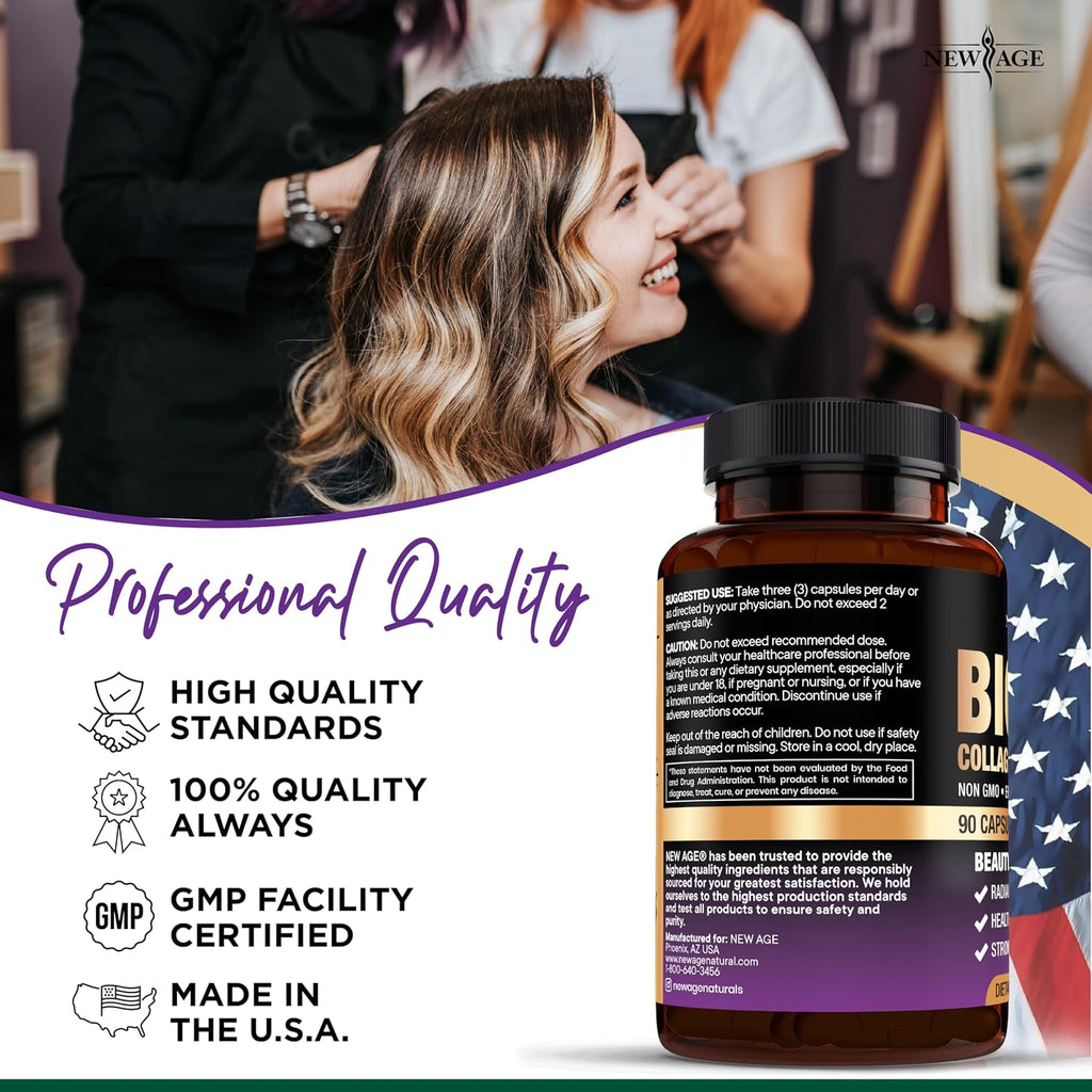 NEW AGE Biotina, Colágeno, Keratina, Ácido Hialurónico - 10.000 μg para Cabello, Uñas y Piel - 90 Cápsulas