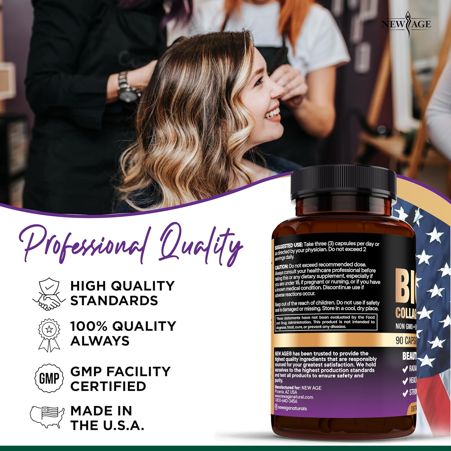NEW AGE Biotina, Colágeno, Keratina, Ácido Hialurónico - 10.000 μg para Cabello, Uñas y Piel - 90 Cápsulas