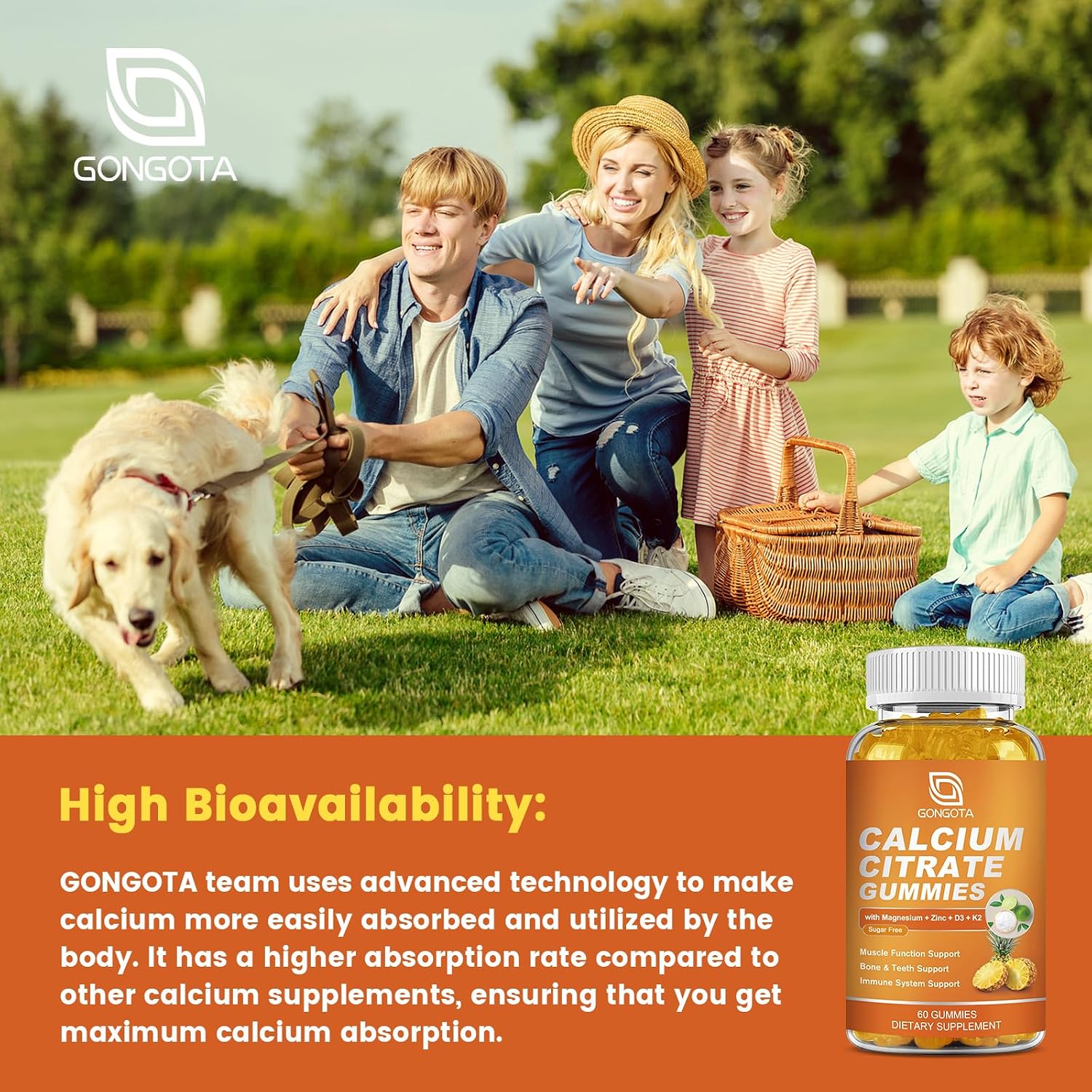 GONGOTA Gominolas de Citrato de Calcio 1200 mg con Vitamina D3 - Apoyo para Huesos, Músculos y Articulaciones - Sin Azúcar, Sabor Piña - 120 Gominolas