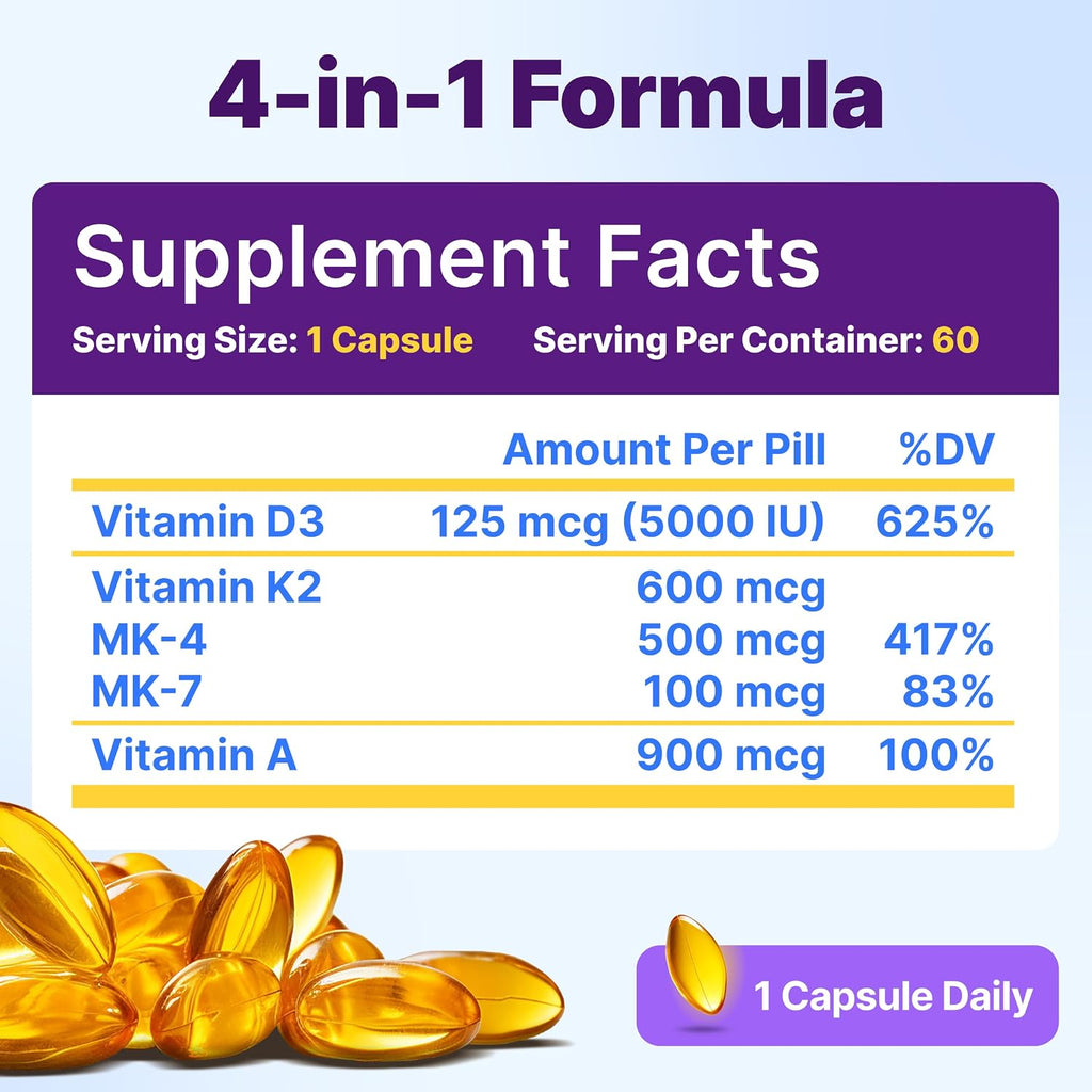 InnovixLabs Vitamina D3 K2 - 5000 UI + 600 mcg K2 MK4 y MK7, 60 Cápsulas Blandas