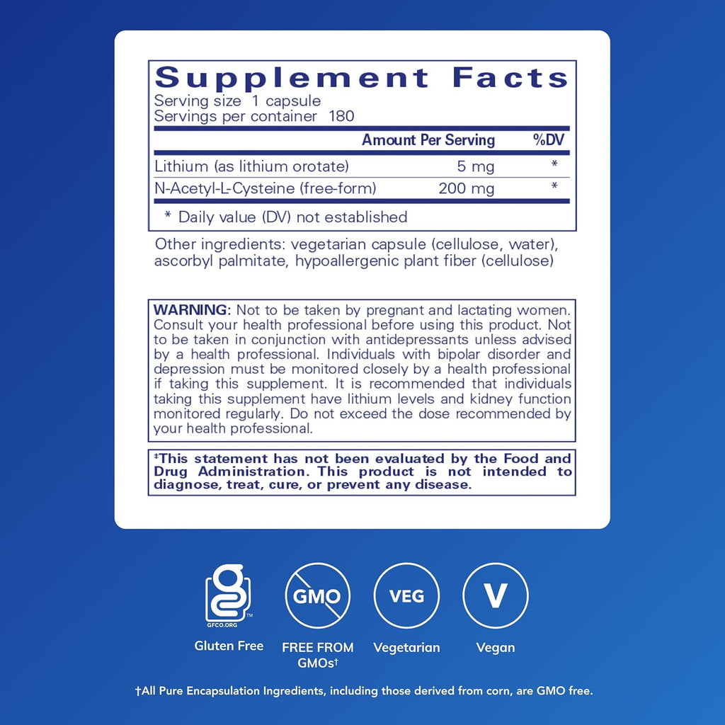 Pure Encapsulations Litio Orotato 5 mg con NAC - 180 Cápsulas