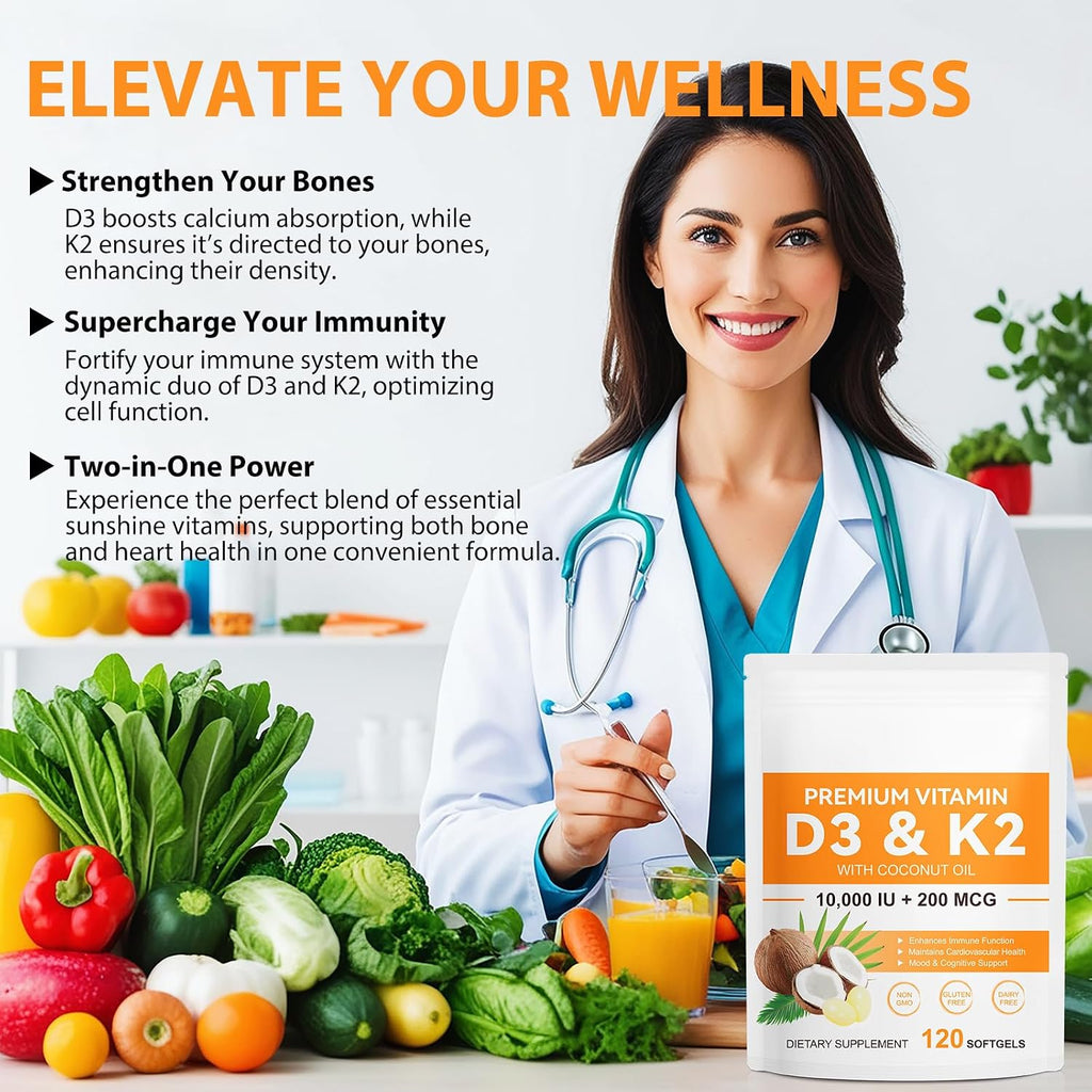 Vitamina D3 K2 10000 UI + 200 mcg MK-7, 120 Softgels - flasture