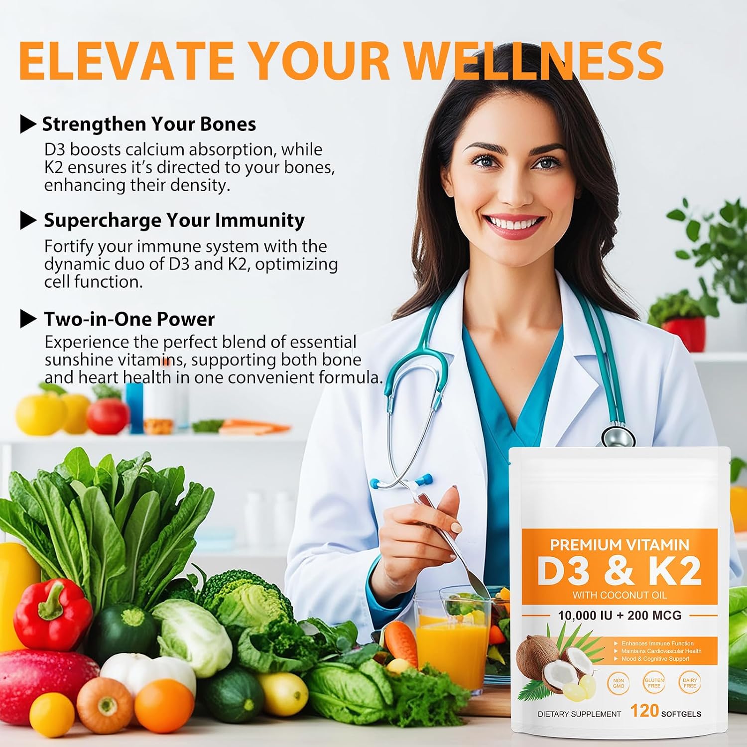 Vitamina D3 K2 10000 UI + 200 mcg MK-7, 120 Softgels - flasture