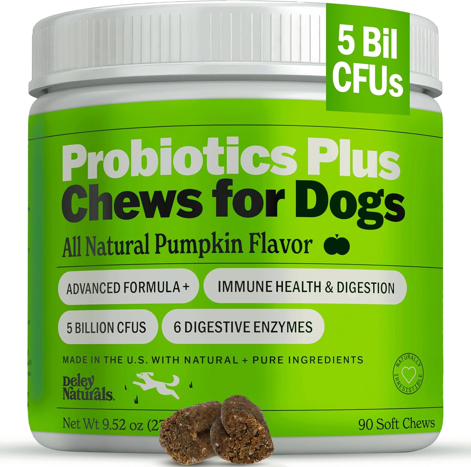 Deley Naturals Probióticos Plus Masticables para Perros - 5 Mil Millones UFC con Enzimas Digestivas - Sabor a Calabaza - 90 Unidades