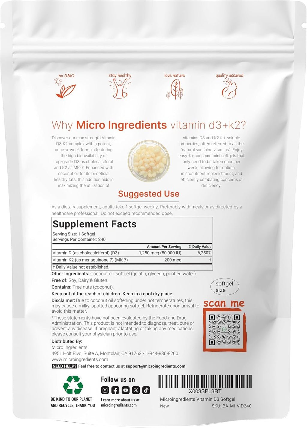 Vitamina D3 50.000 UI + K2 MK-7 200 mcg, 240 Cápsulas Blandas con Aceite de Coco Virgen