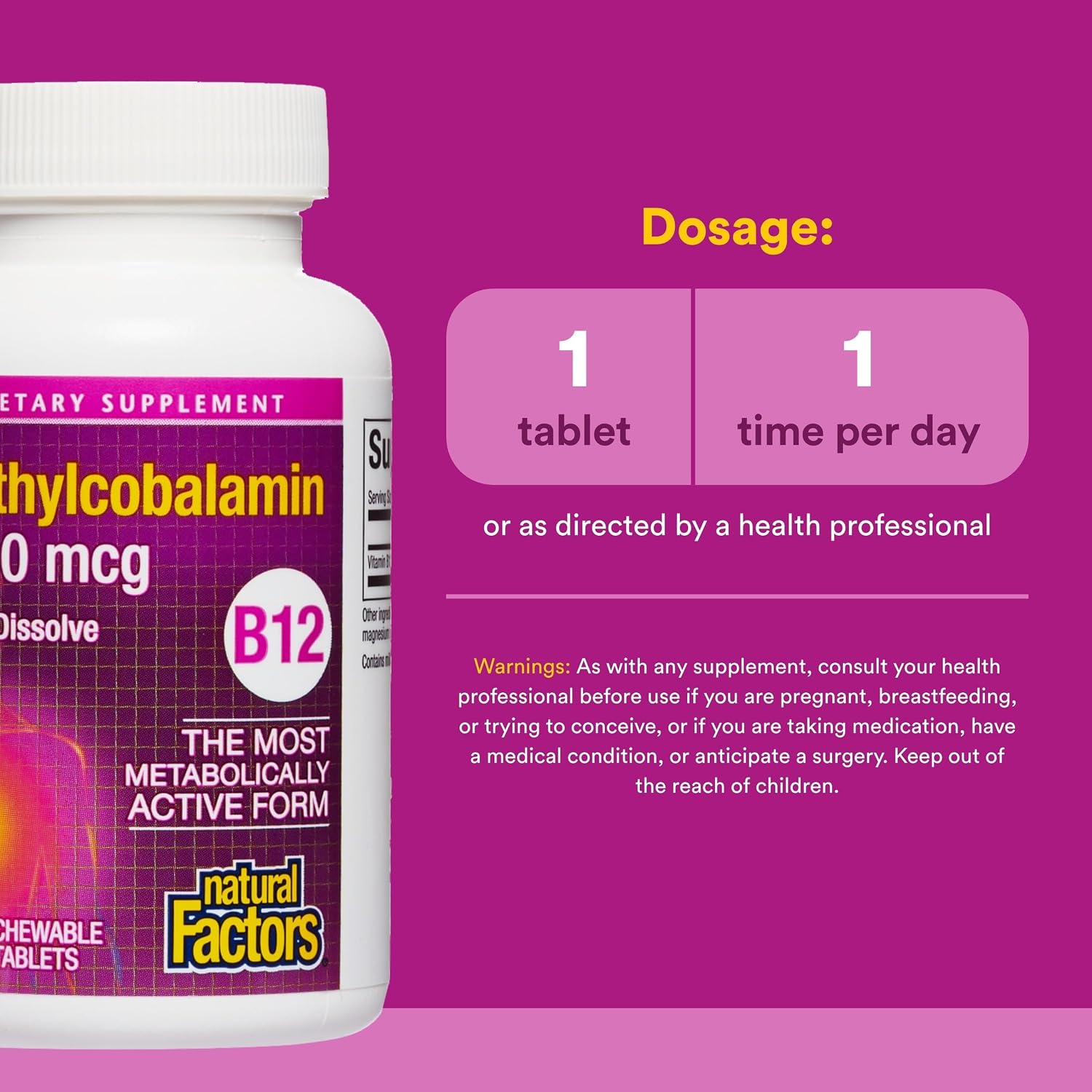 Natural Factors Metilcobalamina 1.000 mcg - Vitamina B12 en Forma Activa - 180 Comprimidos Masticables