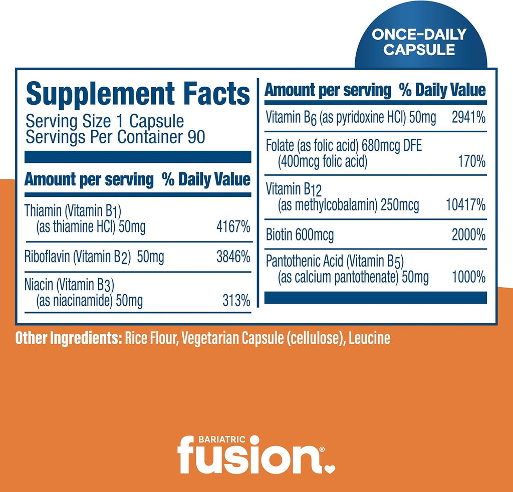 Bariatric Fusion B-50 Complex | Vegan B Vitamins for Women and Men | Easy-to-Swallow Capsules | 8 B Vitamins Including B12 | 90 Capsules | 3-Month Supply