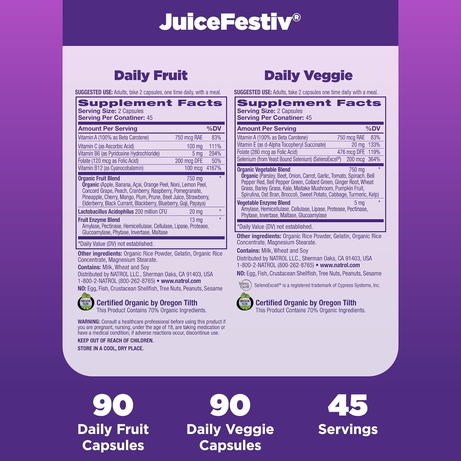 Natrol JuiceFestiv, Cápsulas de Frutas y Verduras Orgánicas con Probióticos y Enzimas, 90 Cápsulas (2 Envases)