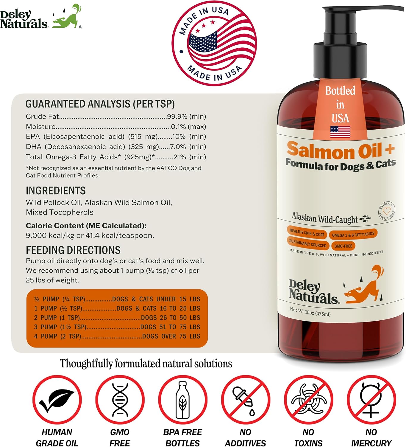 Deley Naturals Aceite de Salmón Salvaje de Alaska para Perros y Gatos - Fórmula Plus Mejorada - 473ml