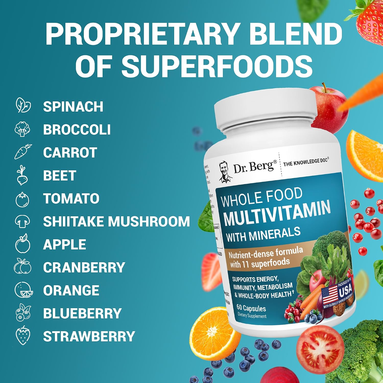 Dr. Berg Whole Food Multivitamin con Minerales - Multivitamínico Diario para Hombres y Mujeres - Incluye Mezcla Premium de Frutas y Verduras con Folato, Ácido Alfa Lipoico y Más - 60 Cápsulas